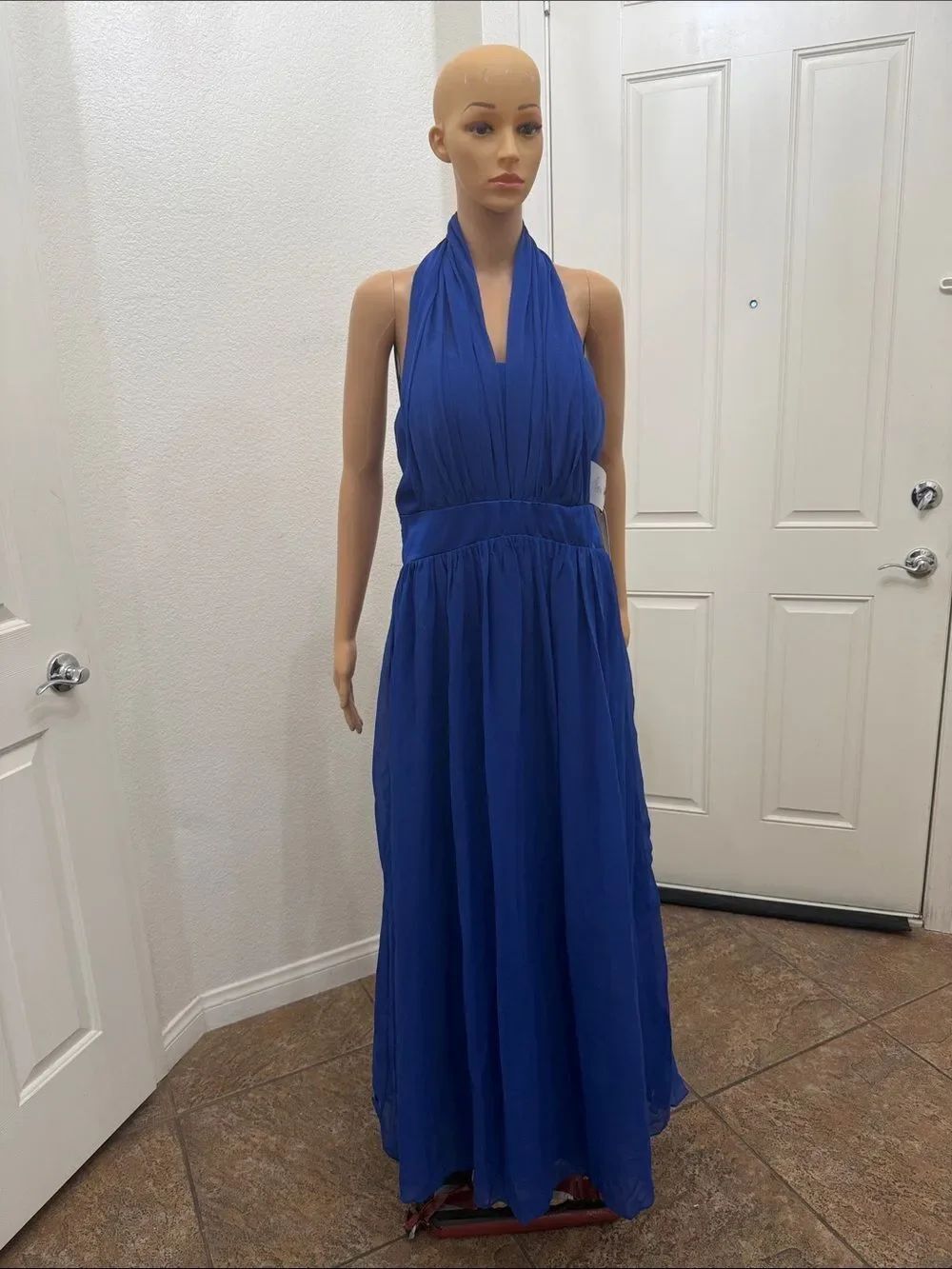 Renz Camille Bridal Cobalt Royal Blue Halter Maxi Dress Sleeveles Sheer Tie Back